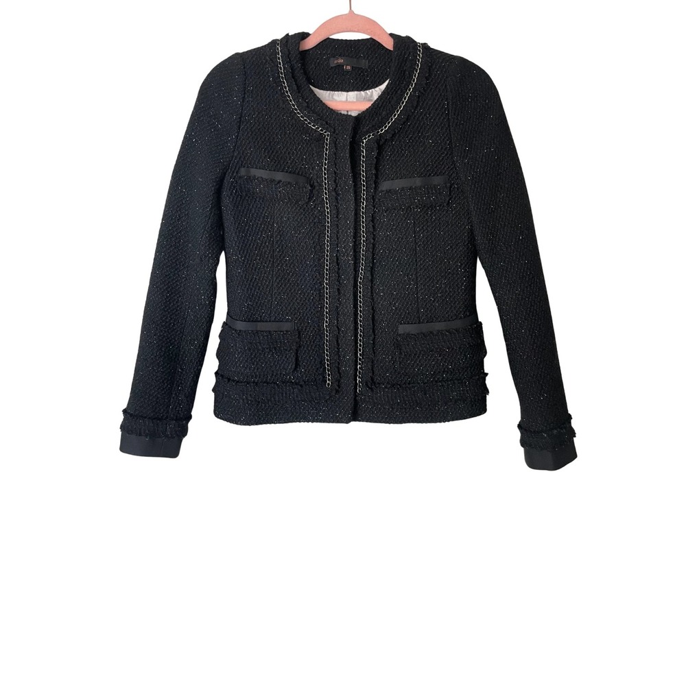 Maje Blazer Womens 36 Small Black Wool Tweed Knit Chain Trim Jacket Quiet Luxury